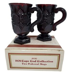 Avon 1876 Cape Cod Collection Pedestal Mugs Set  2 Ruby Red Glass Vintage Boxed